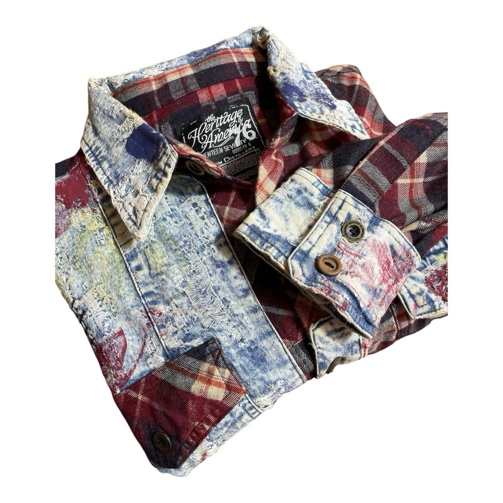The Heritage America 1776 Men's XL Distressed Red Plaid Flannel Denim Long Sleev